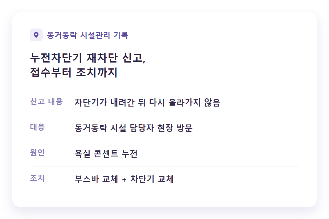 동거동락 누전차단기 수리 접수부터 조치까지 요약 카드