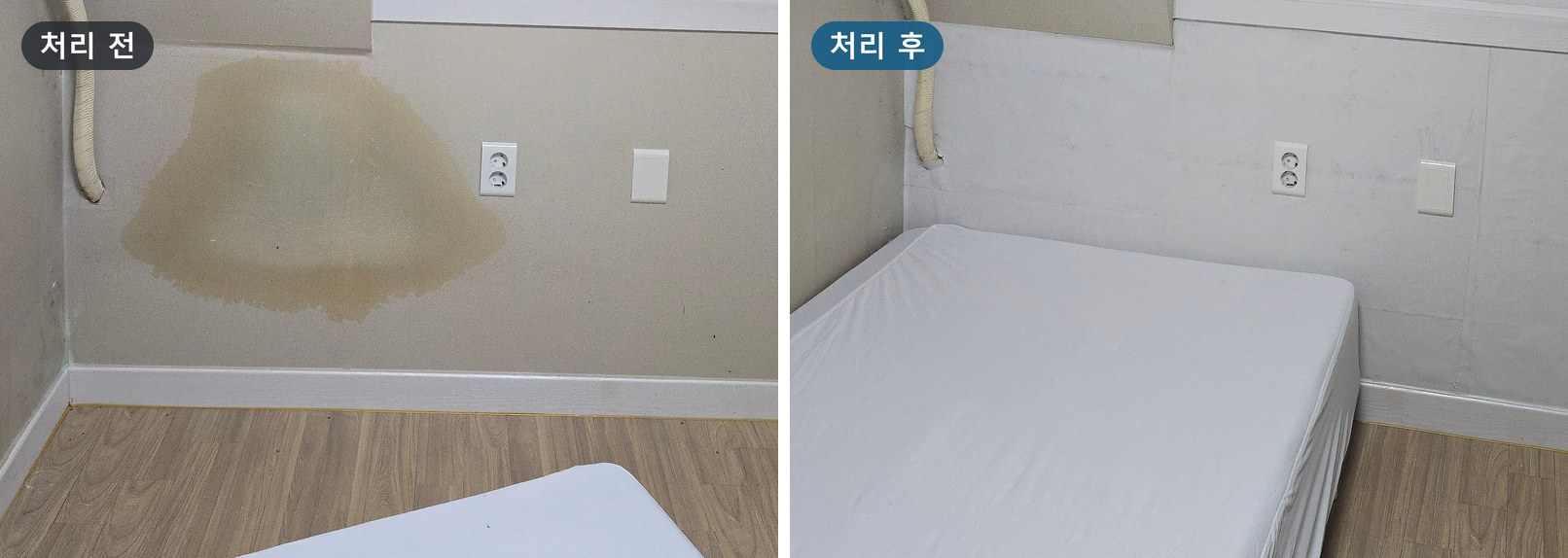 동거동락 지점 5층 호실 창 아래 벽, 누런 갈색 얼룩이 넓게 번진 처리 전 모습과 창 아래 띠 부분만 흰 새 벽지로 바뀐 처리 후 모습