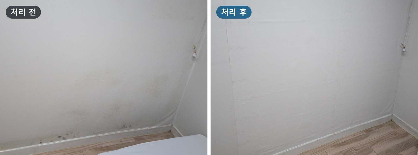 동거동락 지점 지층 호실 벽 아래 걸레받이 위에 검은 반점이 흩어진 처리 전 모습과 같은 벽을 새 벽지로 바꾼 처리 후 모습