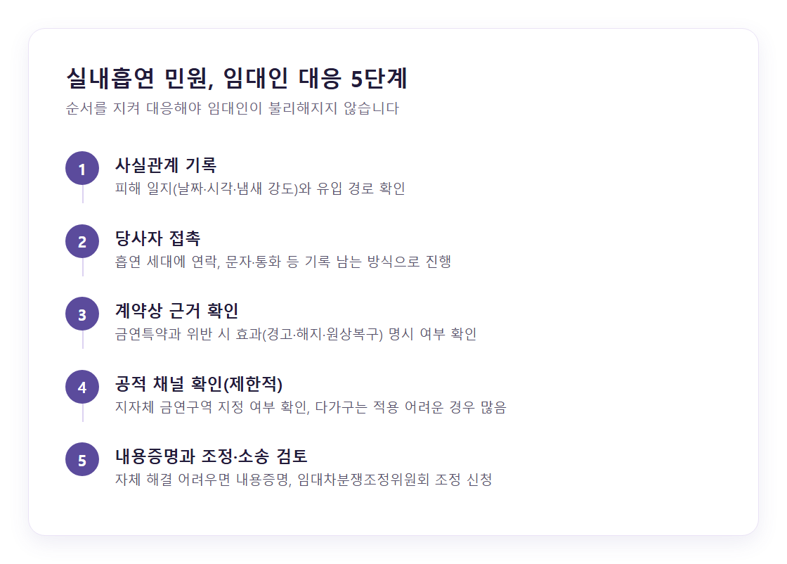 실내흡연 민원 발생 시 임대인 대응 5단계 절차도