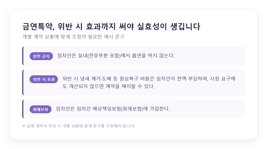 금연특약 문구 예시 카드 — 흡연 금지, 위반 시 효과, 화재보험 가입