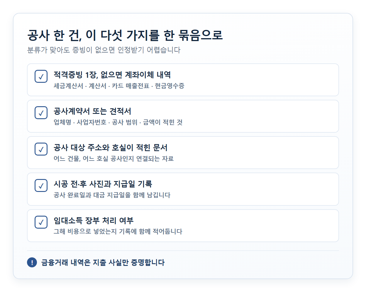 공사 한 건당 남겨야 할 수선비 증빙 5가지 체크리스트 카드