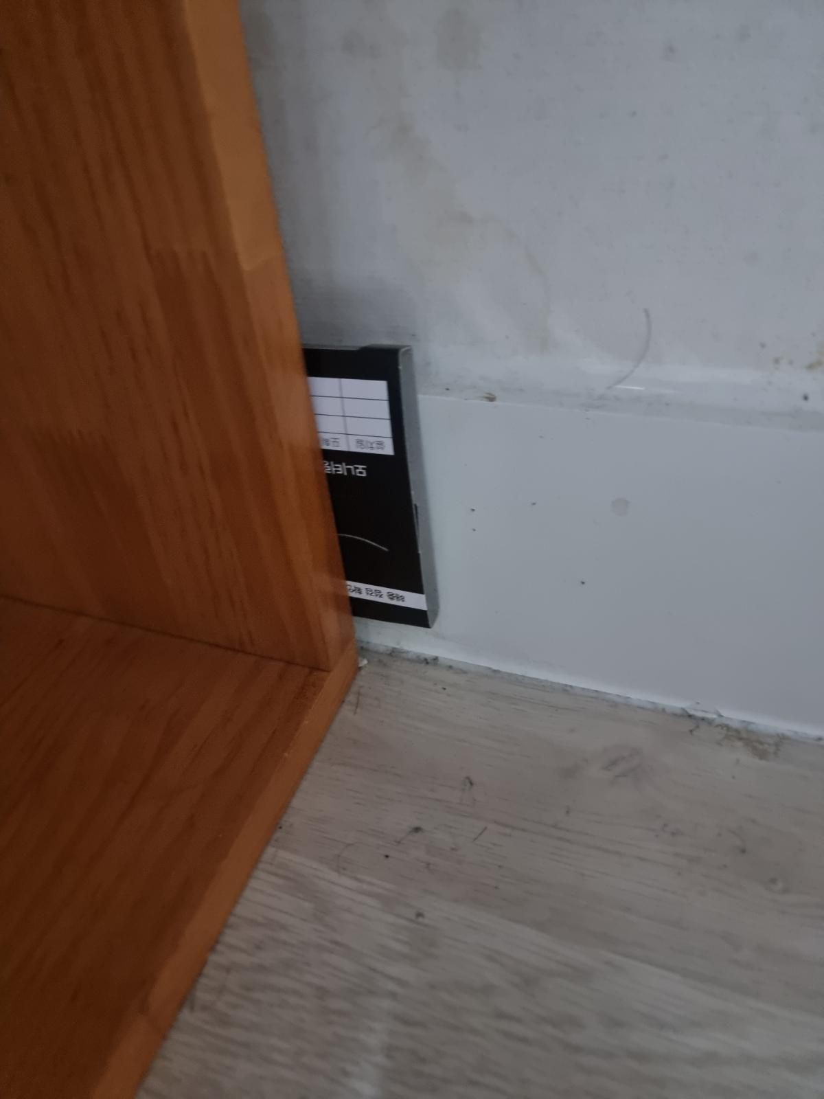 벽 모서리 걸레받이 쪽에 설치된 모니터링 트랩, 설치일과 포획수 기록란이 보이는 모습