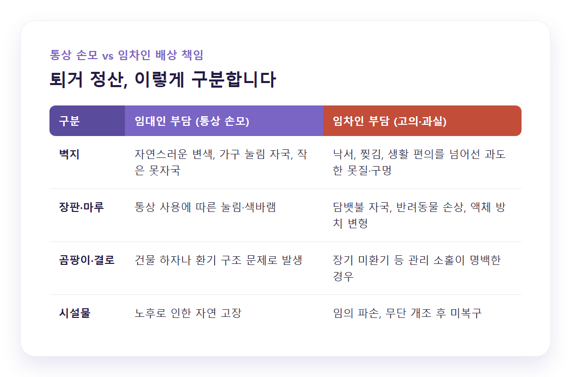 통상 손모와 임차인 배상 책임을 구분한 비교표 카드