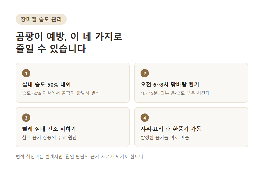 장마철 실내 환기와 습도 관리 방법을 안내하는 인포그래픽