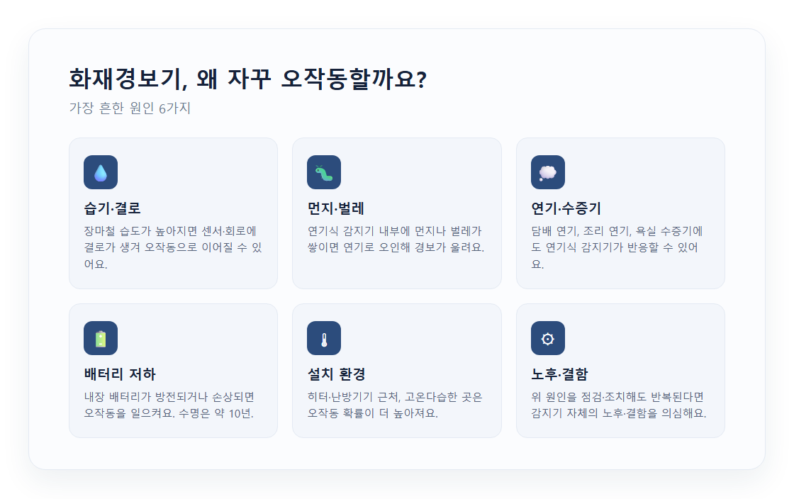 화재경보기 오작동 주요 원인을 정리한 인포그래픽