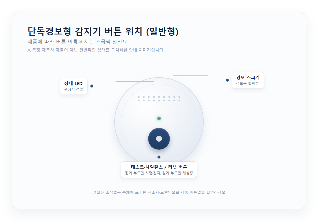 단독경보형 감지기 본체와 테스트·리셋 버튼 위치를 표시한 안내 이미지
