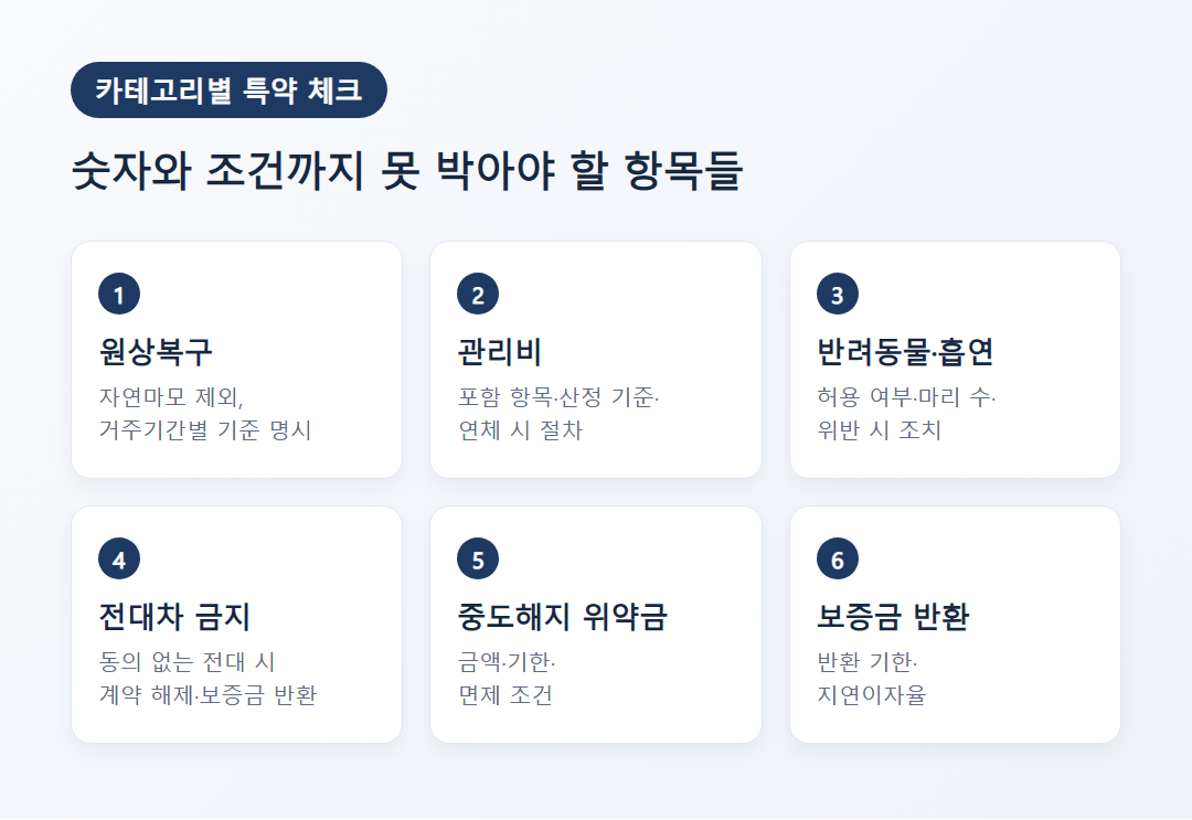 원상복구, 관리비, 반려동물 등 카테고리별 특약 체크리스트