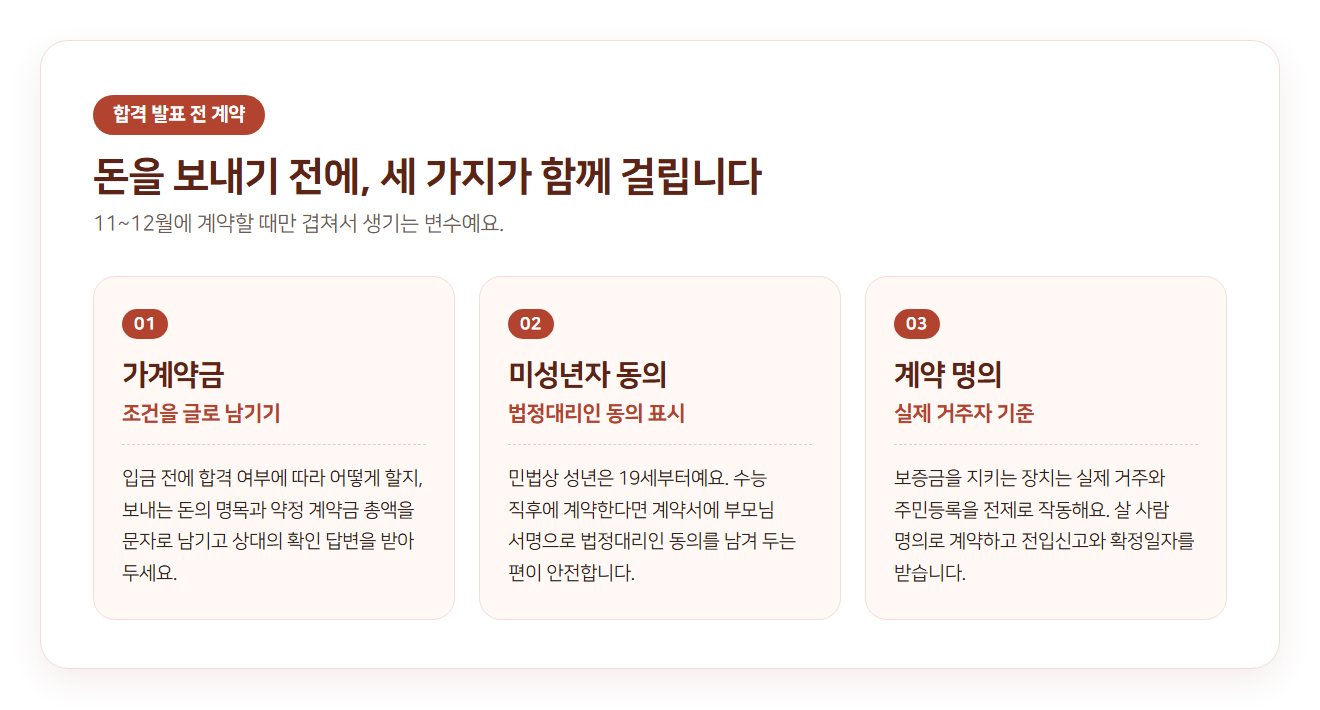 가계약금·미성년자 동의·계약 명의 세 가지 확인 사항을 정리한 카드