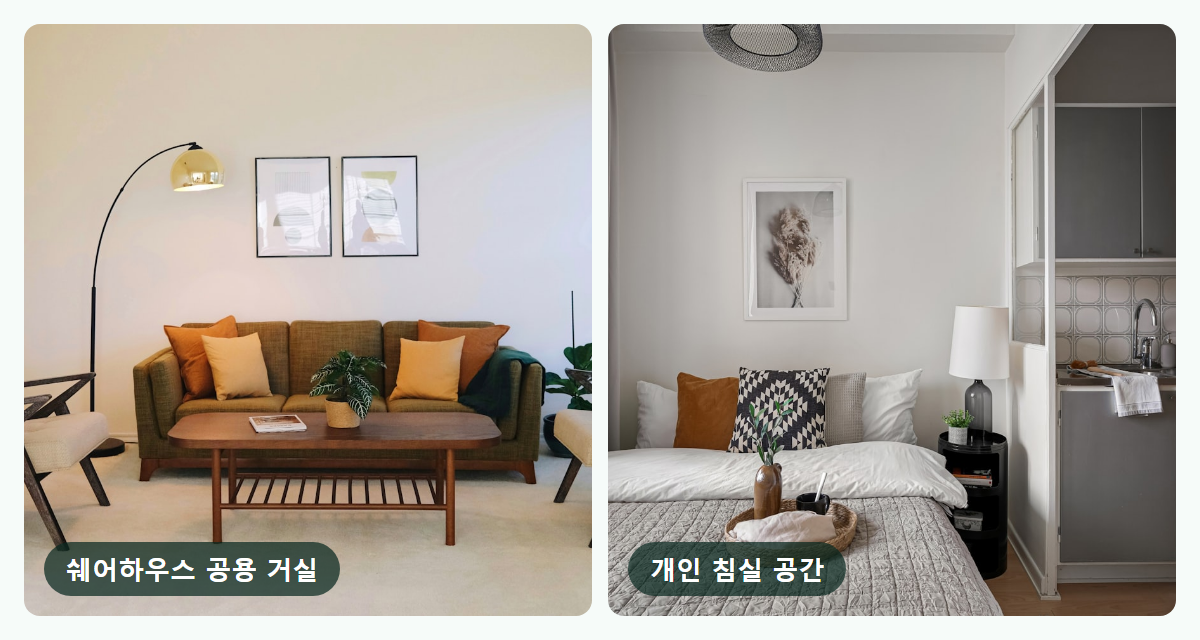 쉐어하우스·코리빙 공용 공간과 개인실 비교 사진